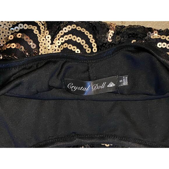 Crystal Doll Sequin Bodycon Mini Dress Small Black Gold Cocktail Party Glam NYE - Picture 10 of 15
